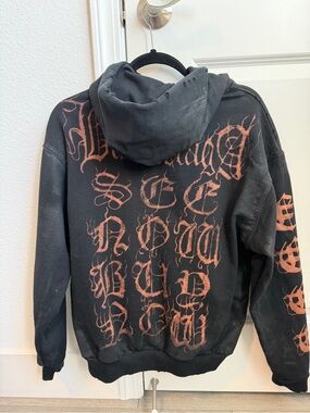 BALENCIAGA Black Graphic Hoodie with Rust Red Gothic Script